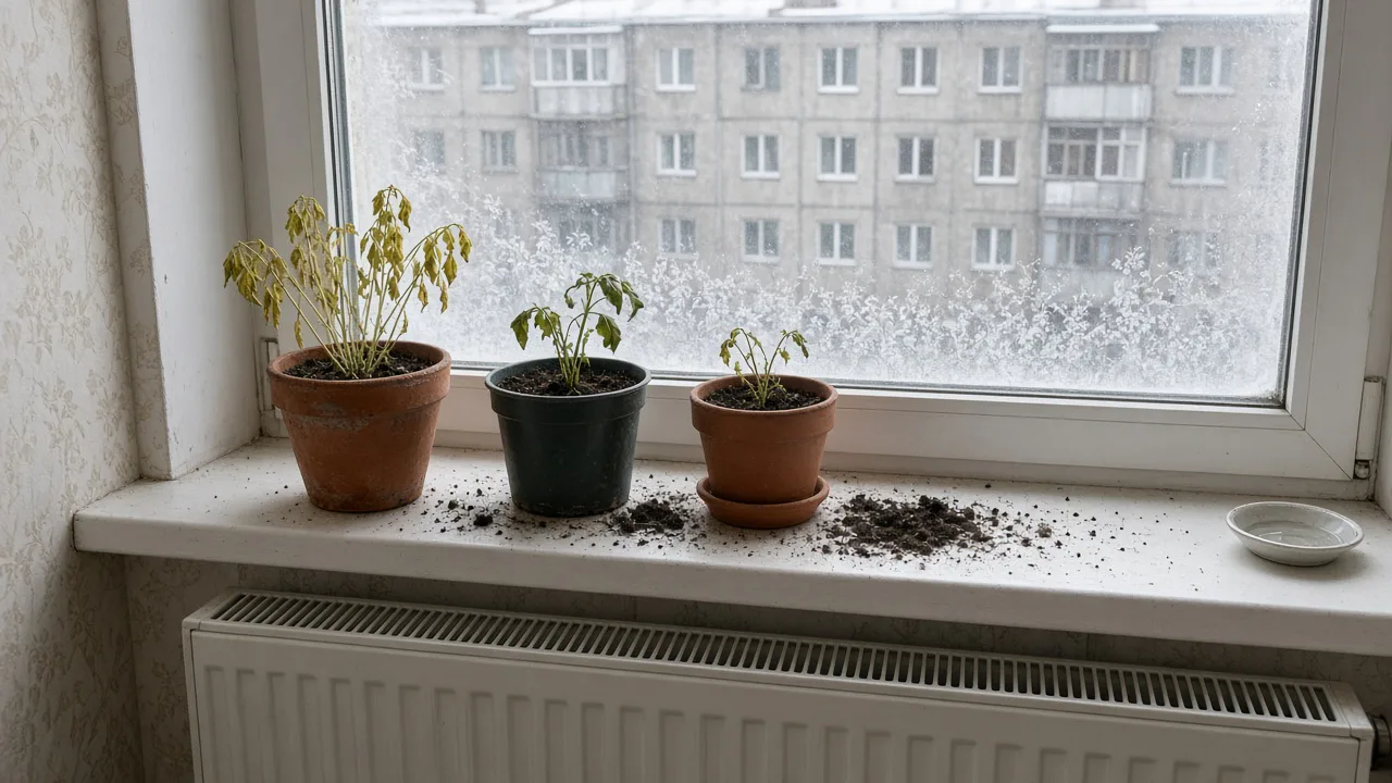 Зимний кухонный подоконник: горшки с землёй, рассыпанный грунт и батарея под окном